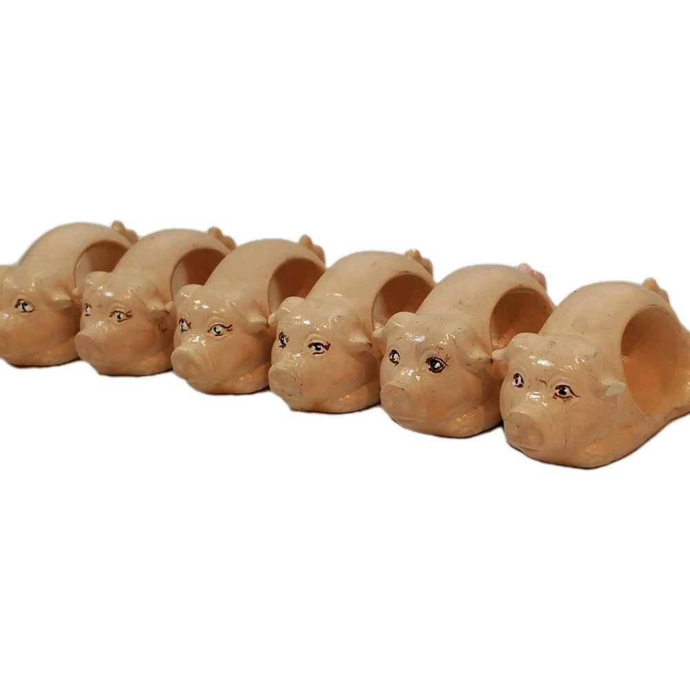 Vintage Pottery Pink Pig Napkin Rings Holders Hand Painted Set of 6